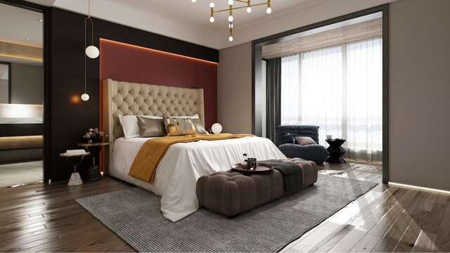 Suite d'hôtel de luxe avec un grand lit double et un design moderne.