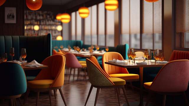Zaal van een modern en elegant restaurant, perfect voor een romantische avond.