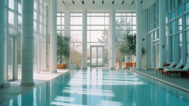 Lujosa piscina interior de un spa de hotel, con paredes de cristal y un ambiente relajante.