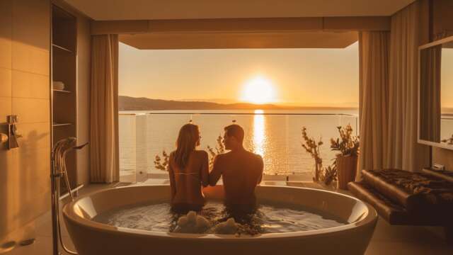 Jacuzzi privado en la terraza de una suite de hotel con vistas a una espectacular puesta de sol sobre el mar.