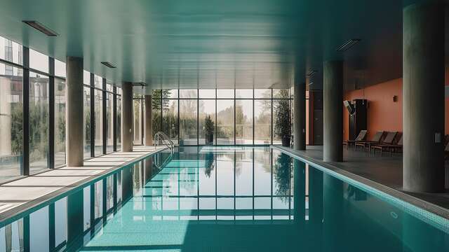 Relajante piscina interior de un spa con grandes ventanales que dan a un jardín verde en un día de lluvia.