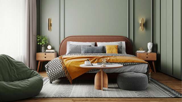 Lit double dans une chambre au design moderne, une partie essentielle d'un week-end spa de luxe.