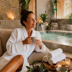 Woman in white robe sips tea by a steamy spa hot tub.