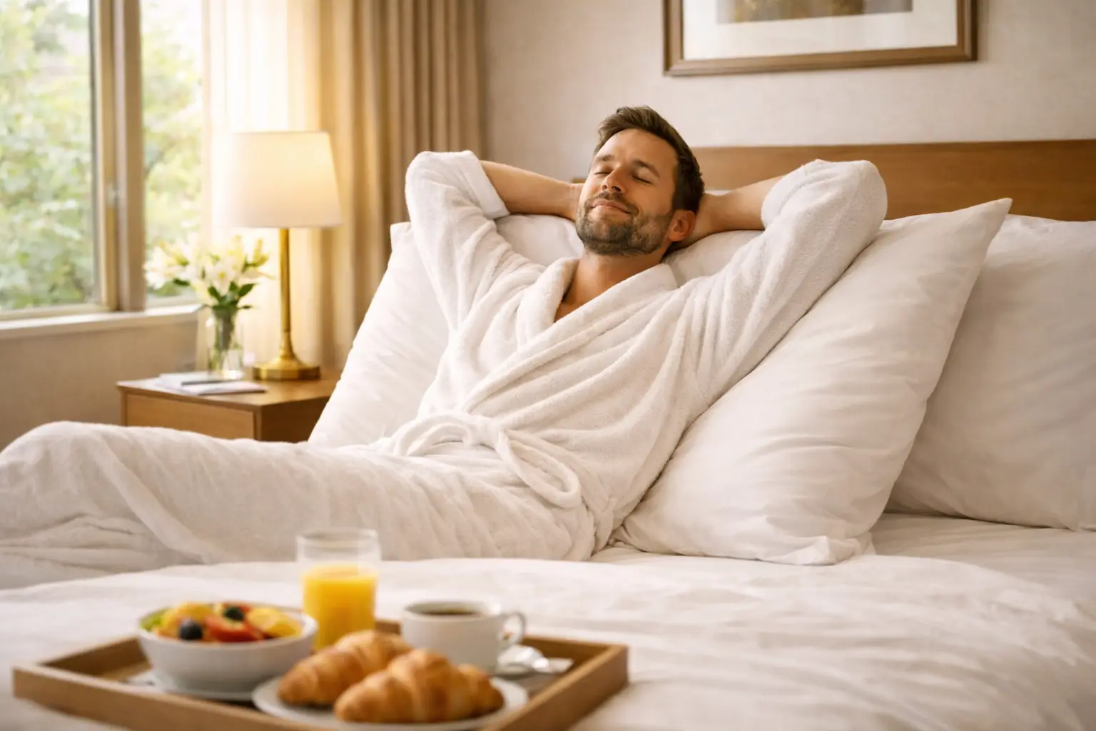 Man in white robe relaxing in bed with a breakfast tray nearby.