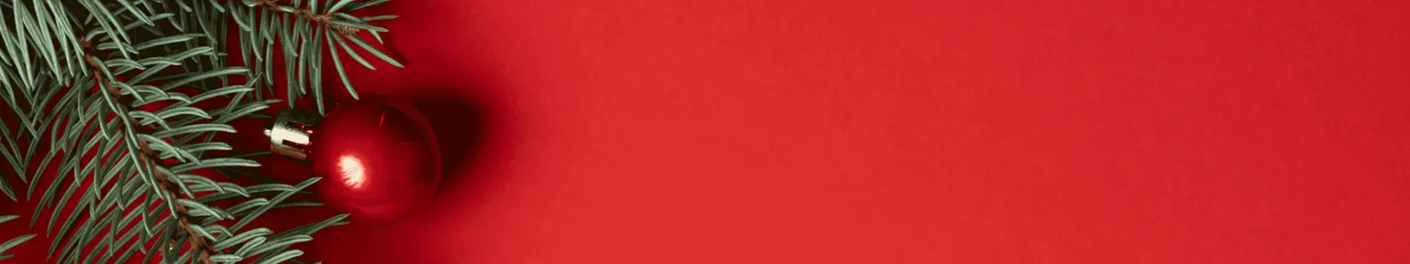 Green pine branches with a shiny red ornament on a solid red background.