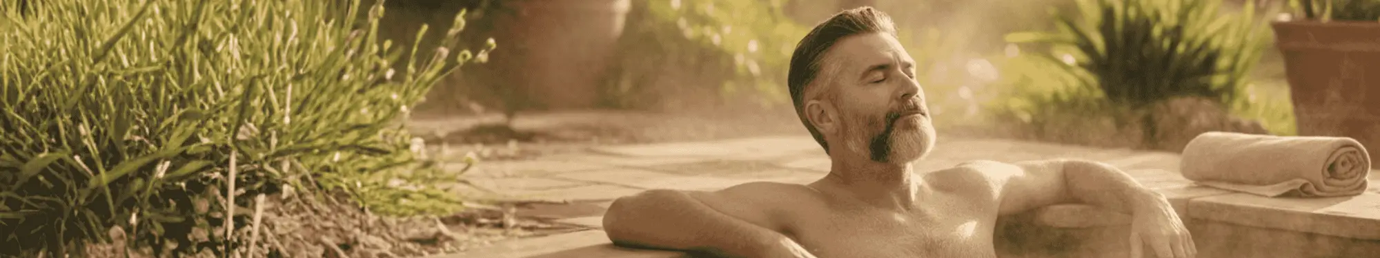Man with beard relaxing in a steaming outdoor hot tub surrounded by greenery.