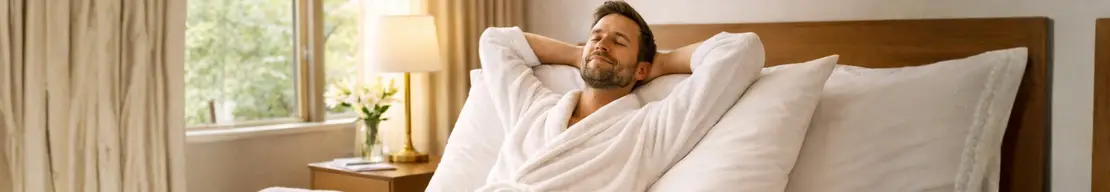 Woman relaxing in a luxurious white bed, eyes closed and hands behind her head.