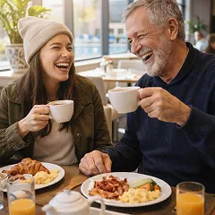 Happy father and daughter laughing over breakfast and coffee in a sunny cafe.