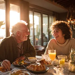 An older man and a younger woman laughing during a warm, sunlit meal together.