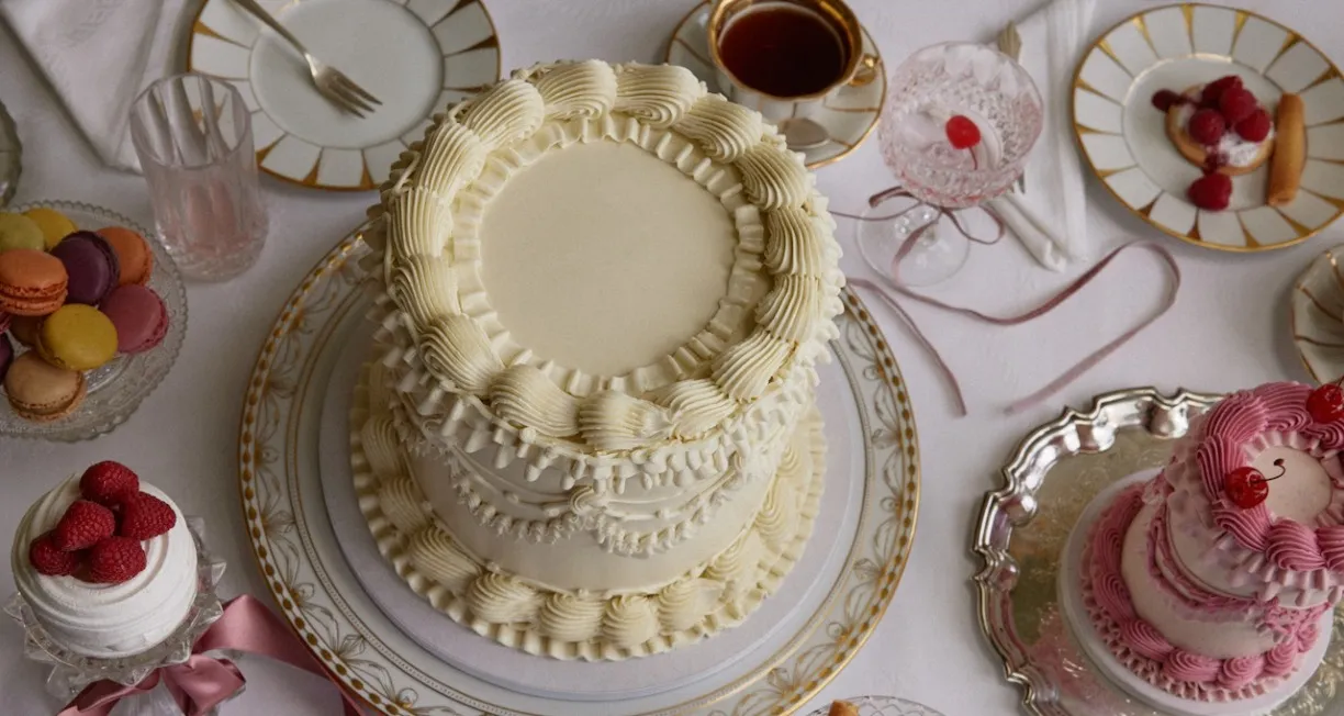 White tiered cake with intricate frosting surrounded by other desserts at an elegant tea party.
