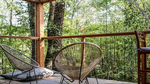 Instante romántico en el corazón del bosque en un lodge con arte contemporáneo