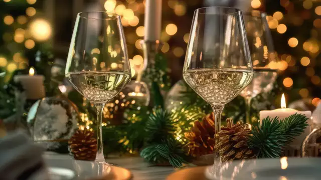 Fin d'année 2025 en chambre suite avec bouteille de cava et raisins de la chance